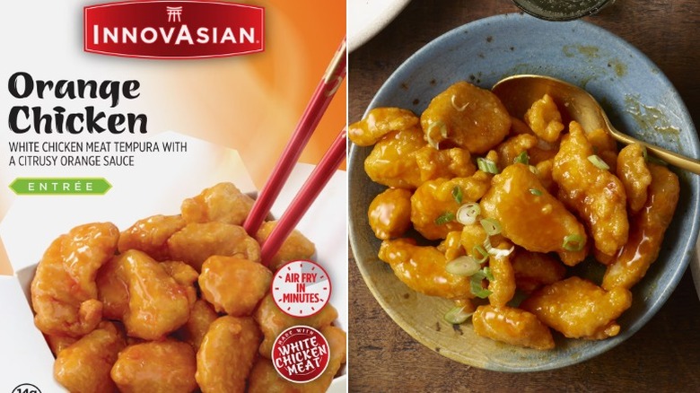 A box of InnovAsian Orange Chicken alongside a bowl of the final product with sliced spring onion on top