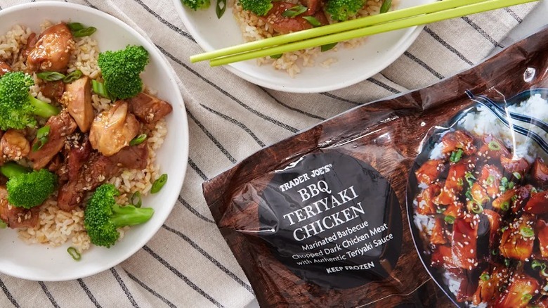 A package of Trader Joe's BBQ Teriyaki Chicken and a bowl with rice, broccoli, and the chicken