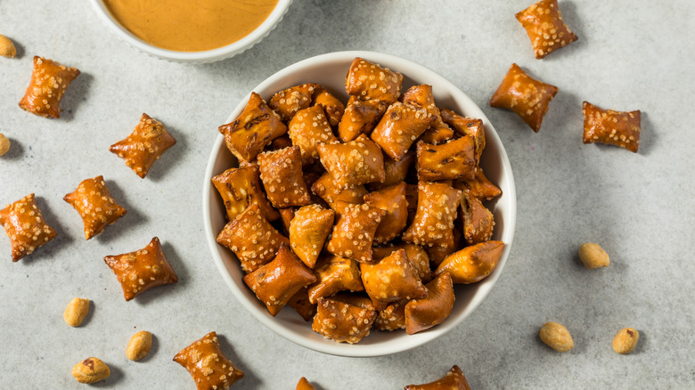 Peanut butter-filled pretzels in a bowl