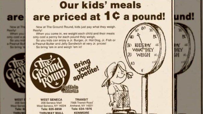 A 1970s Pay What You Weigh ad from Ground Round Restaurant