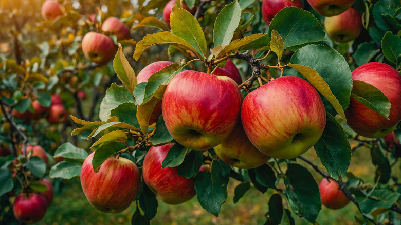 a close up of apples on a tree