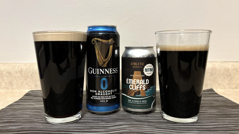 Guinness 0 And Athletic Emerald Cliffs Nitro in pint glasses on bar mat