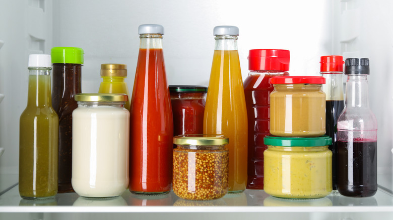 unmarked sauces in fridge