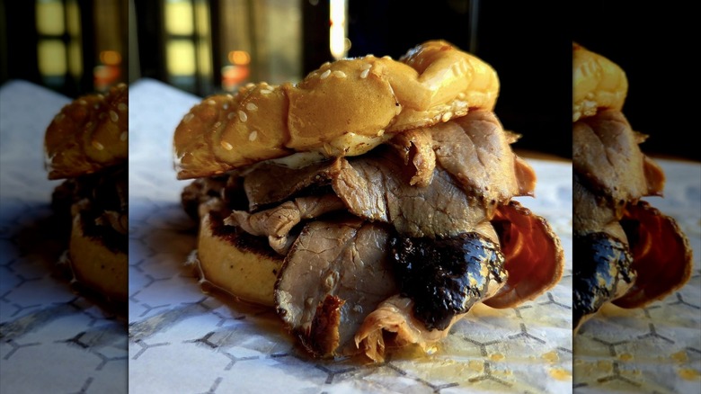 An image of sloppy brisket burger close up