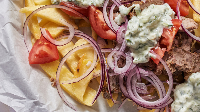 Close up of gyro fries on plate
