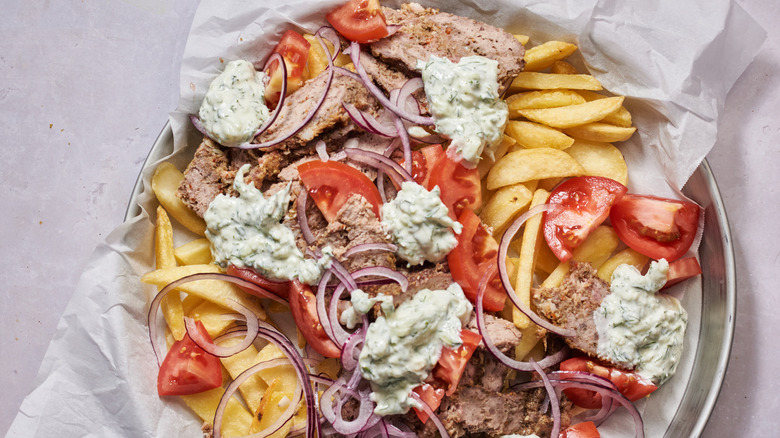 Loaded gyro fries on plate