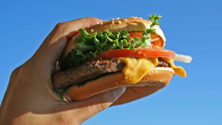 Cheeseburger held in the sky