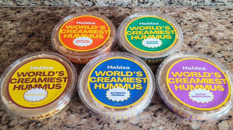 The full product lineup of Habiza Hummus flavors