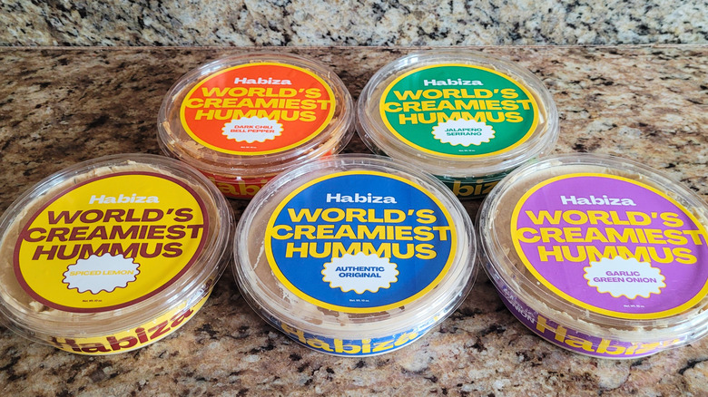 The full product lineup of Habiza Hummus flavors