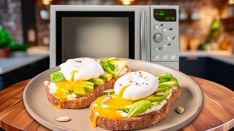 poached eggs near microwave