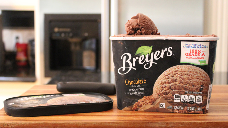 Carton of Breyers chocolate ice cream on kitchen counter