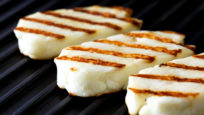 slices of halloumi on grill