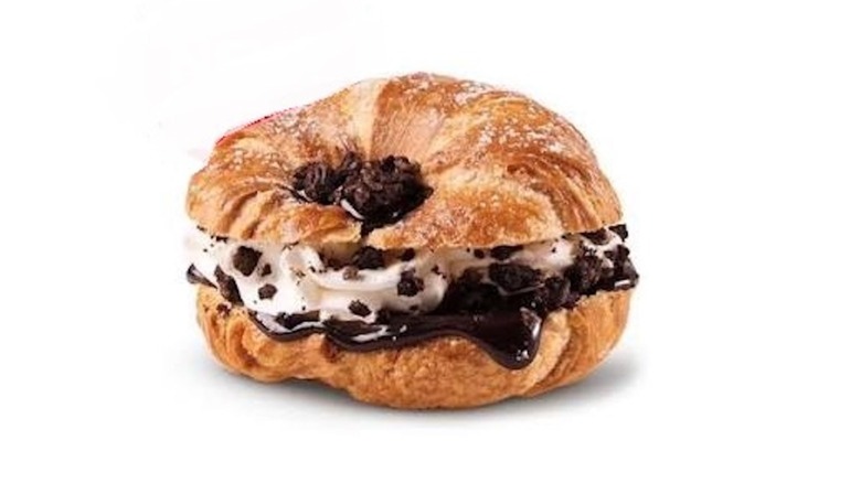 a Spookies n' Screams Croissant made with Oreo from Tim Hortons on white background