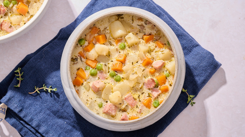 ham and potato soup in a bowl