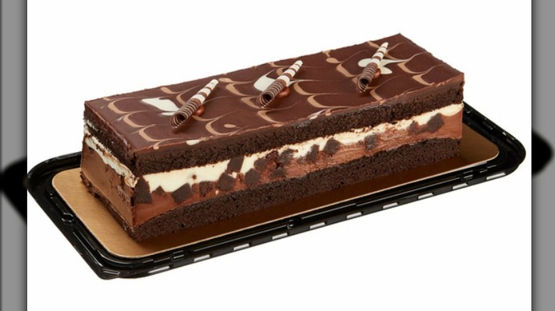 Costco tuxedo cake on a white background