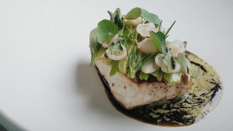 Roasted halibut with microgreens at Canlis