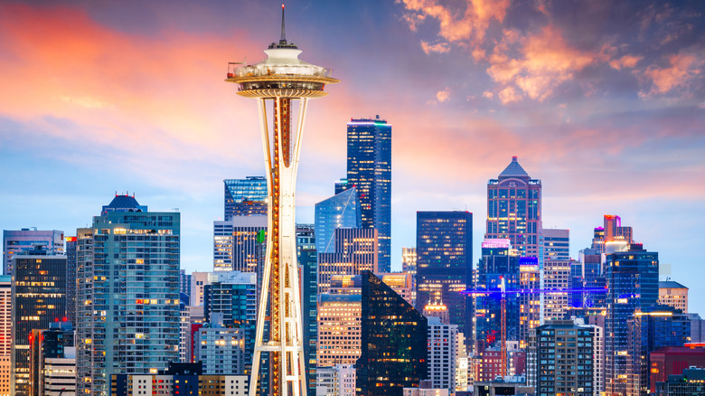 Skyline view of Seattle at twilight