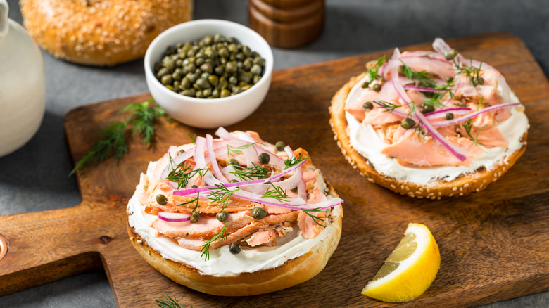 Smoked salmon on bagel halves