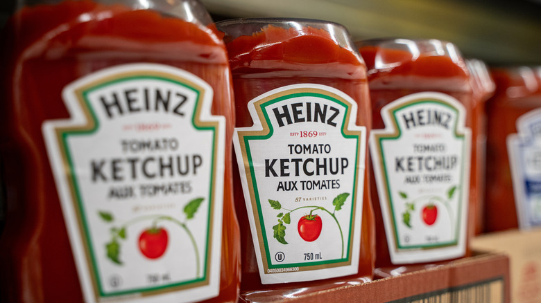 Bottles of Heinz ketchup on a Shelf