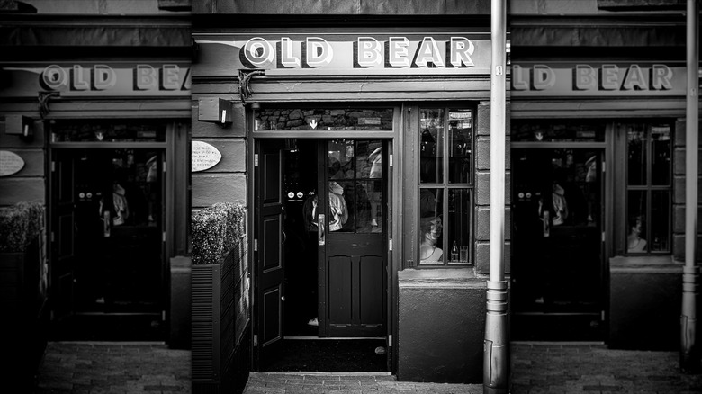 Front door of Old Bear black and white photo