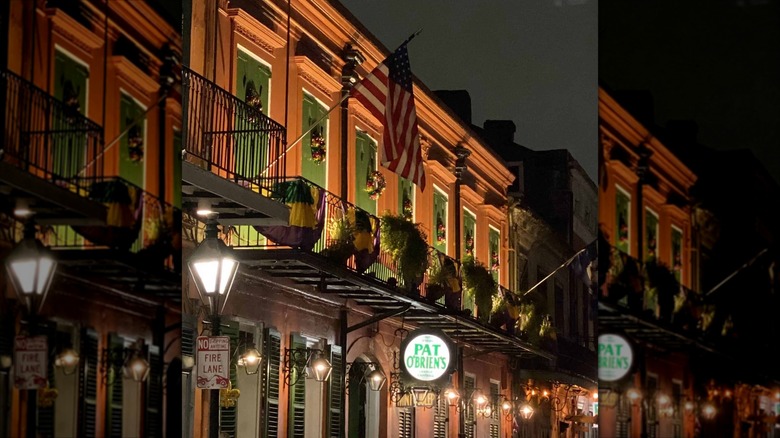 Exterior of pat O'Brien's at night with lights