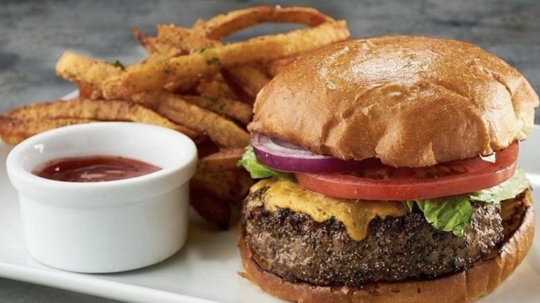 burger and fries on plate