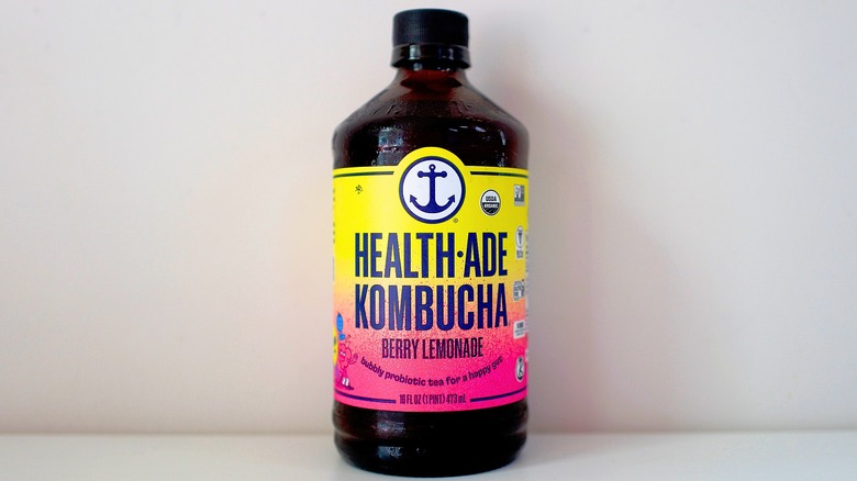Bottle of Health-Ade Berry Lemonade Kombucha on white table