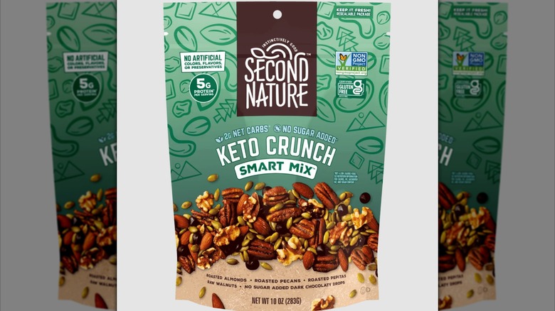 Bag of Second Nature Keto Crunch Smart Mix with image of various nuts, seeds, and chocolate chips on front