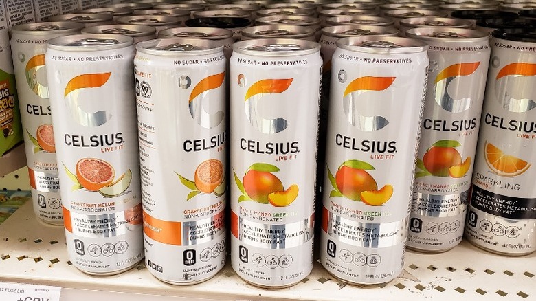 Canned Celsius energy drinks on store shelf