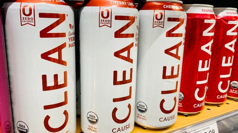 Cans of Clean cause yerba mate on store shelf