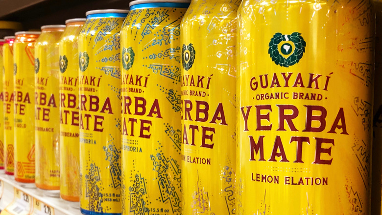 Cans of Guayaki Yerba Mate drinks on store shelf