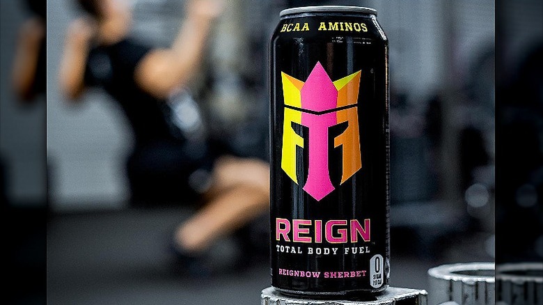 A can of reign energy drink at the gym
