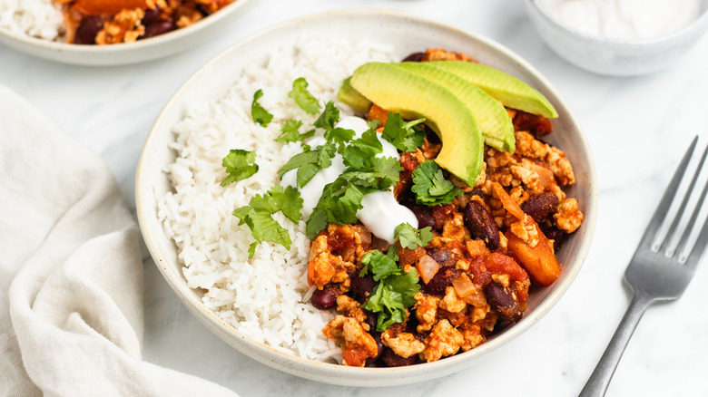 bowl of chili with rice