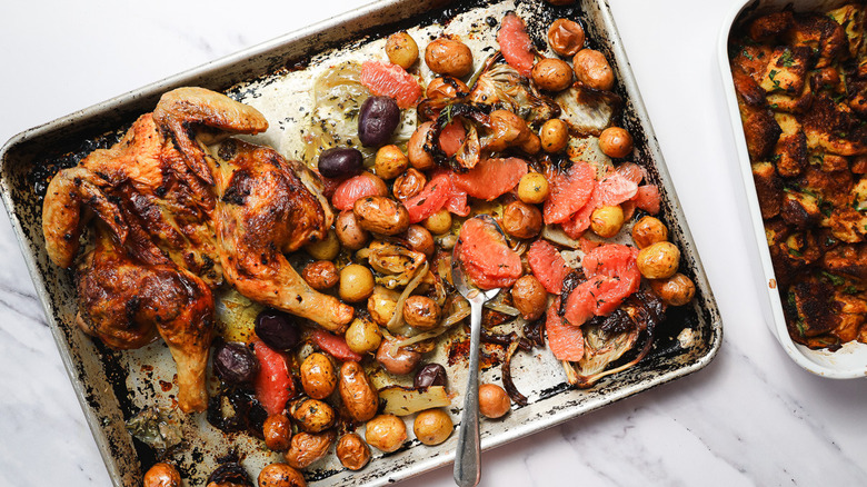 Sheet pan with roasted veggies and spatchcock chicken