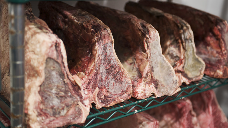 beef dry aging on a wire rack