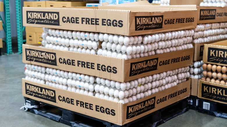 Pallets loaded with Kirkland Signature cage-free eggs.