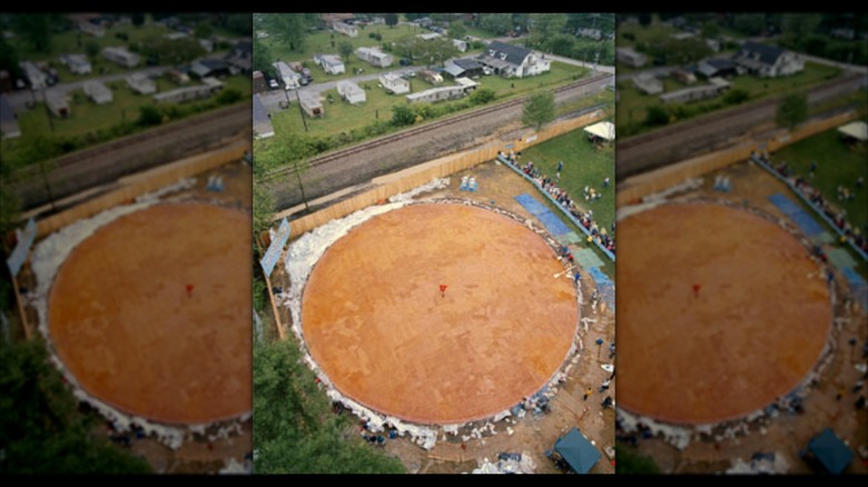 an aerial shot of the world's largest cookie revealing its massive size