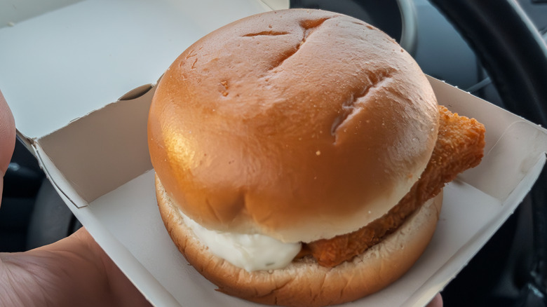 Close-up image of a Filet-O-Fish from McDonald's pictured in its box