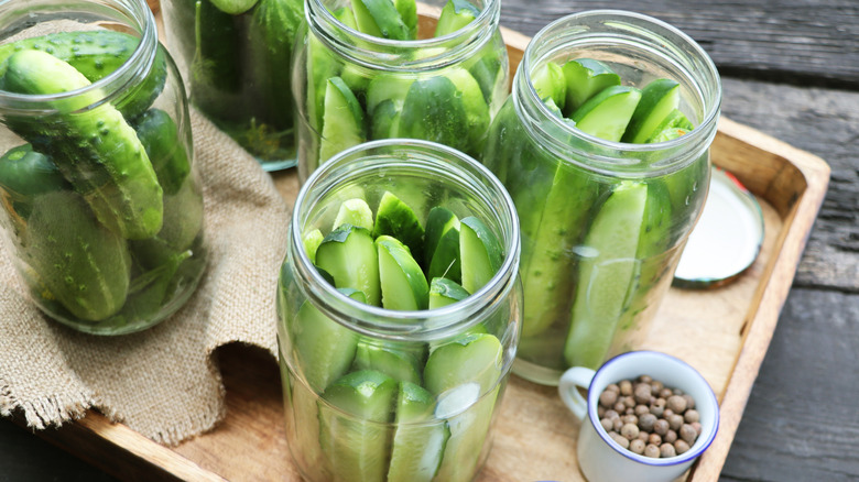 Glass Mason jars filled with homemade pickles