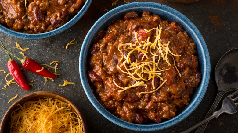 chili in bowl with cheese
