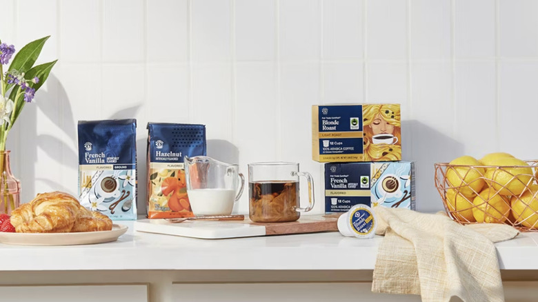 Closeup of Aldi coffee products on a kitchen counter