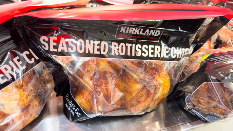 Costco Kirkland Signature cooked rotisserie chicken inside plastic bag