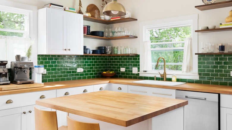 butcher block countertops on island in kitchen