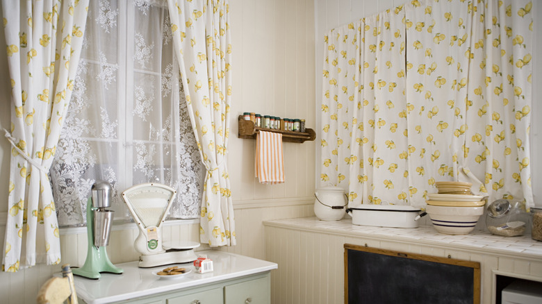 patterned curtains hanging in kitchen