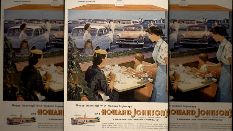 Advertisement for Howard Johnson's with diners at a table and cars parked outside