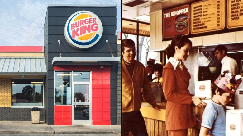 Split image: Burger King modern exterior and 1980s-era interior with customers getting orders at the counter