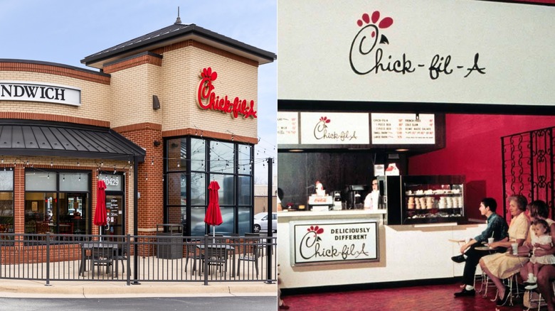Split image: Modern exterior Chick-fil-A, white and red mall store with customers waiting in chairs
