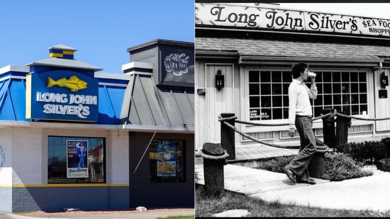 Split image: Modern Long John Silver's exterior, black and white vintage exterior with customer