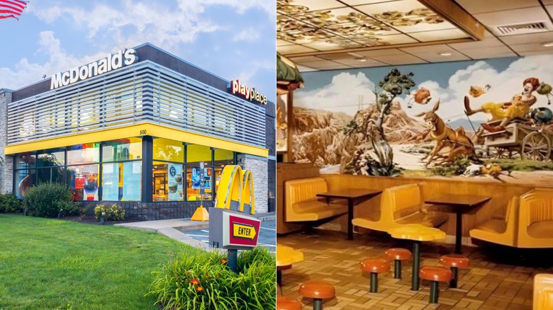 Split image of 2025 McDonald's exterior and 1970s-era interior with booths and mural