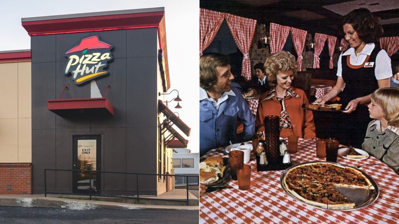 Split image: modern Pizza hut exterior, 1980s-era Pizza Hut interior with family being served pizza